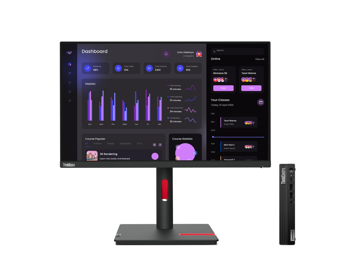 Lenovo ThinkCentre M75q Gen5 de frente, con monitor de 23,8 pulgadas