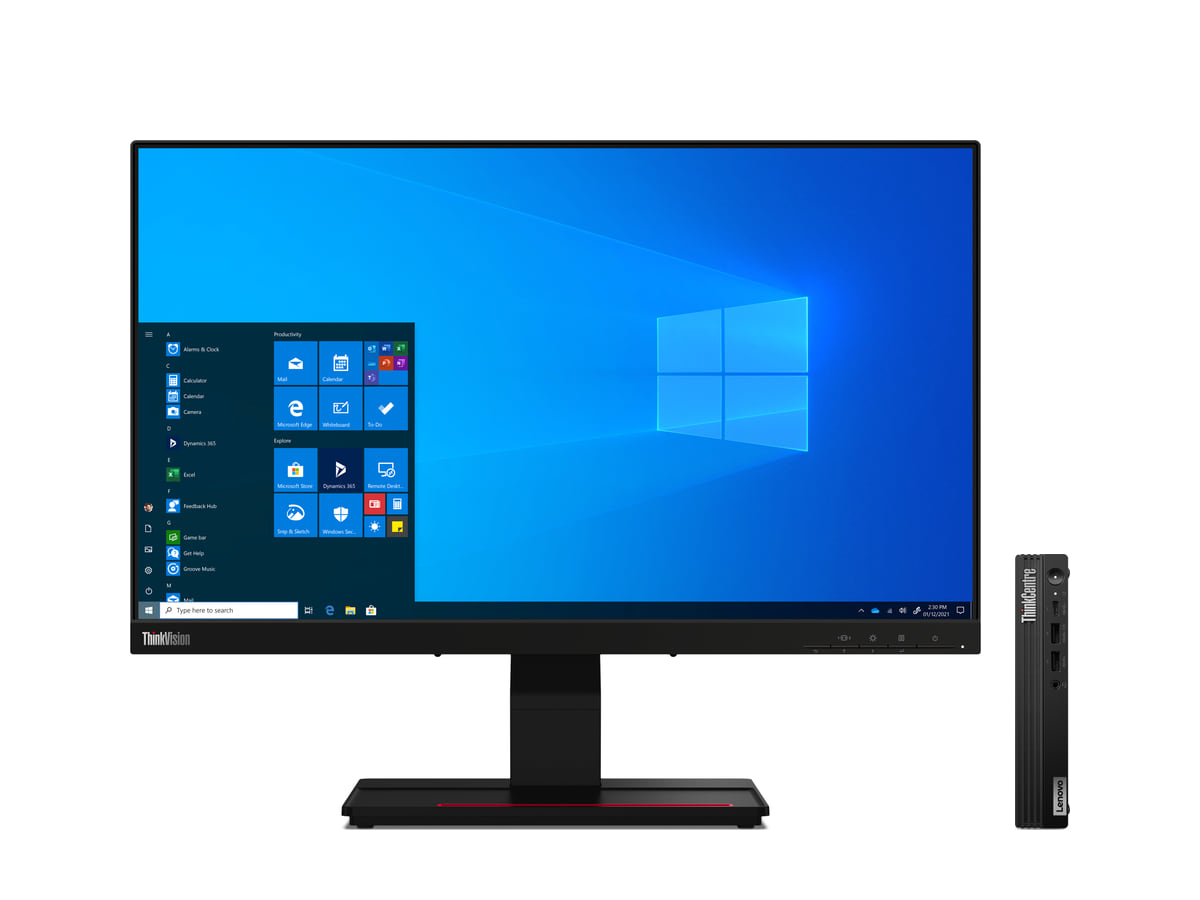 Lenovo ThinkCentre M70q Gen5 de frente, con monitor táctil